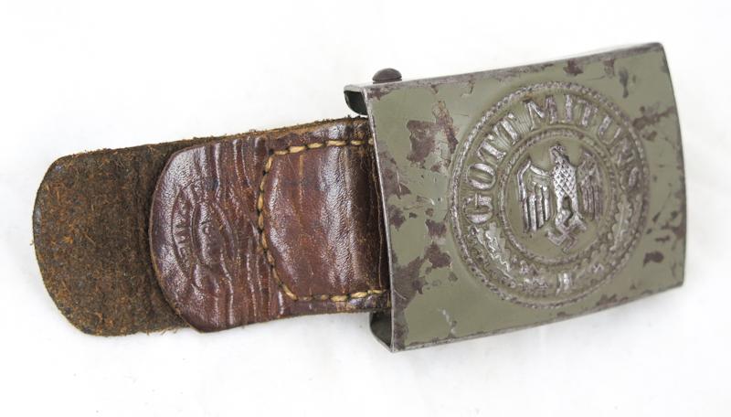 WW2 German army Steel belt buckle with leather tab - Bruder Schneider 1940