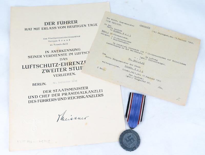 WW2 German Luftschutz air raid defence 2nd class medal with award document