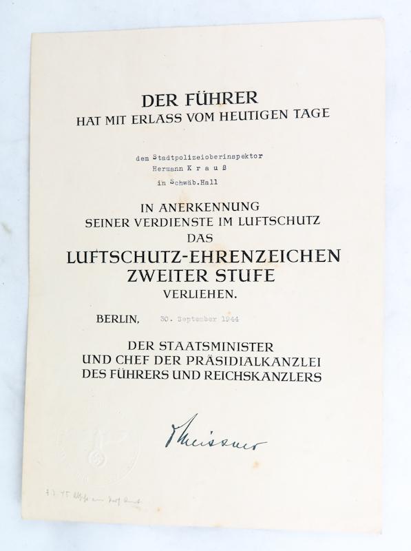 WW2 German Luftschutz air raid defence 2nd class medal with award document