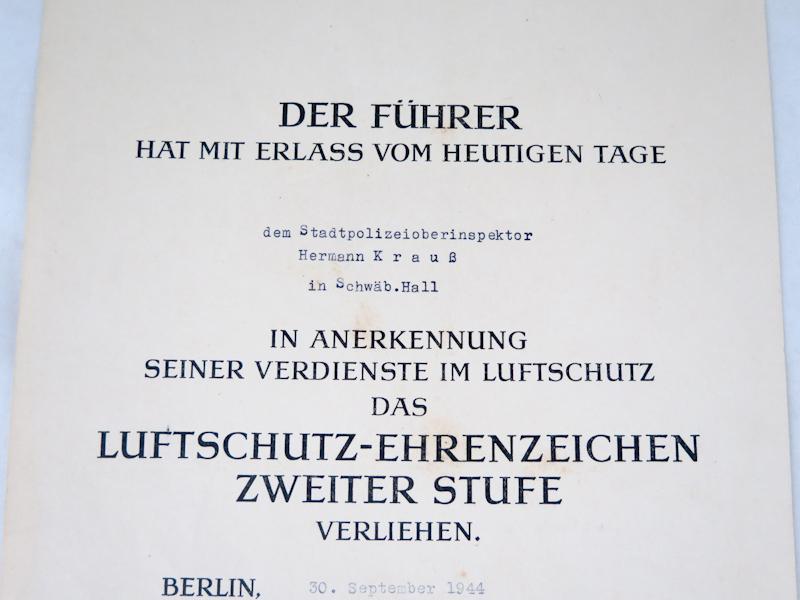 WW2 German Luftschutz air raid defence 2nd class medal with award document