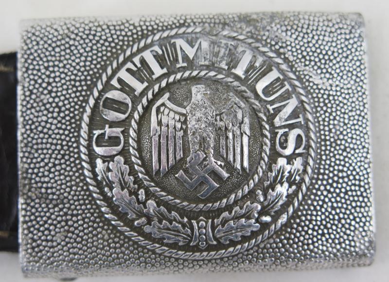 WW2 German army aluminium belt buckle with leather tab - Julius Maurer 1936