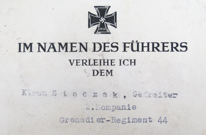 WW2 German Iron cross 2nd class award document - Infantry regiment 44