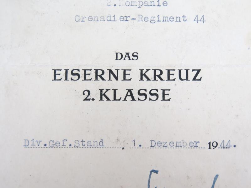 WW2 German Iron cross 2nd class award document - Infantry regiment 44